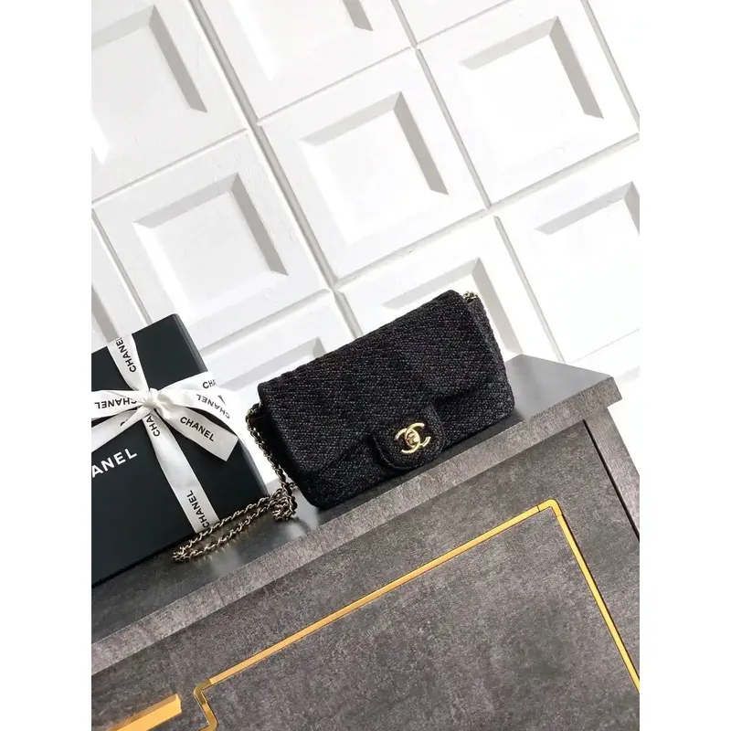 Chanel 25C AS5279 Kabelka s klopou Pletený Lurex & Zlatý tón kovu Černá