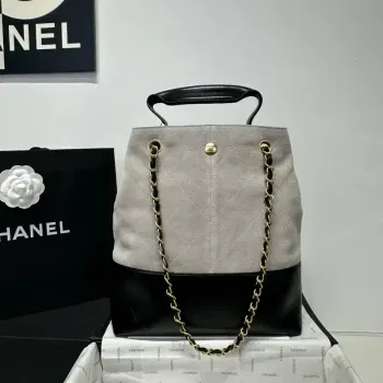 Chanel AS5636 Nákupní taška z jemné telecí kůže a lesklé jehněčí kůže černá & šedá