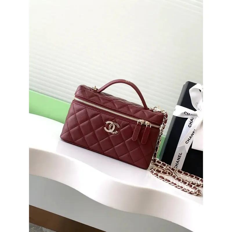 Chanel AP4407 Toaletní taška s řetězem z jehněčí kůže vínově červená