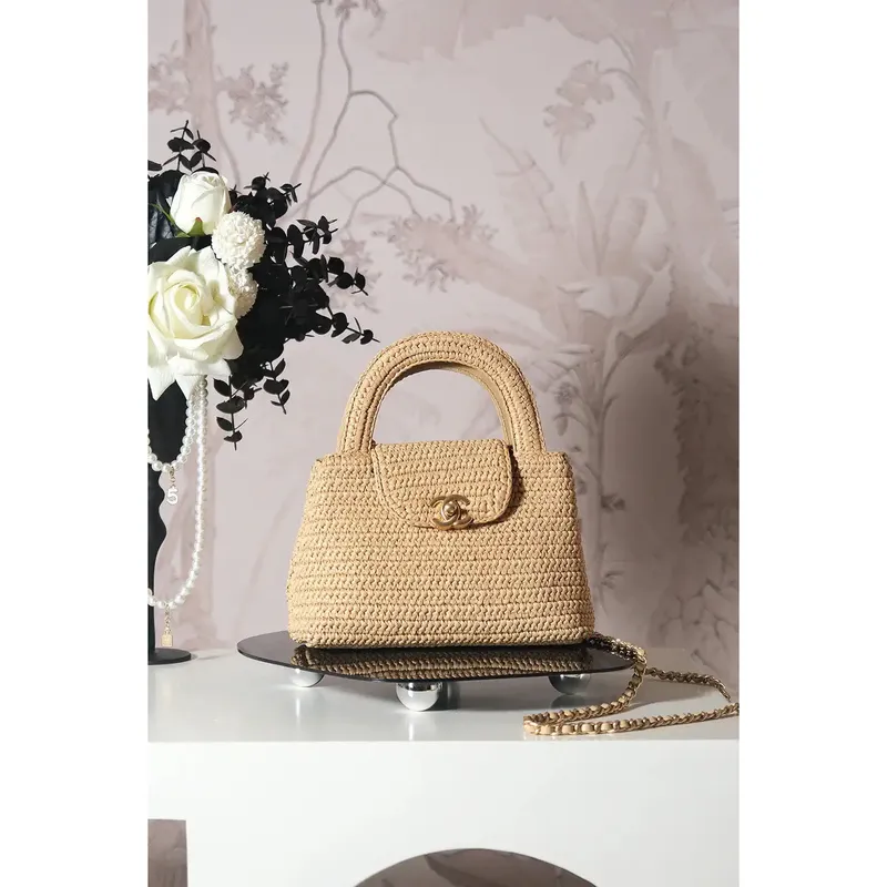 Chanel 25C AS4416 Mini Nákupní Taška z Raffie a Telecí Kůže