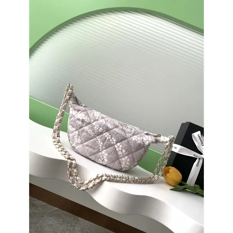 Chanel AS5431 Velká Hobo Taška Tisknutý Denim Šedá & Bílá