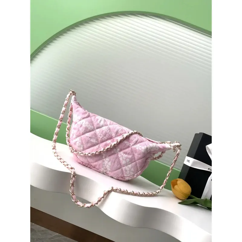 Chanel AS5431 Velká Hobo Taška Tisknutý Denim Světle Růžová & Bílá