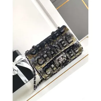 Chanel 25C Mini Classic Kabelka A69900 tvar písmena Černá lesklá flitrová