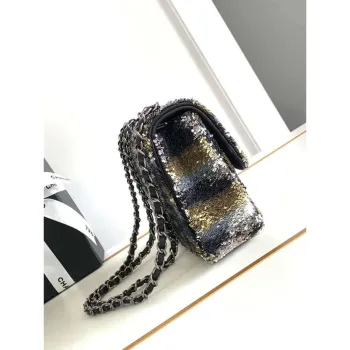 Chanel 25C Mini Classic Kabelka A69900 tvar písmena Černá lesklá flitrová