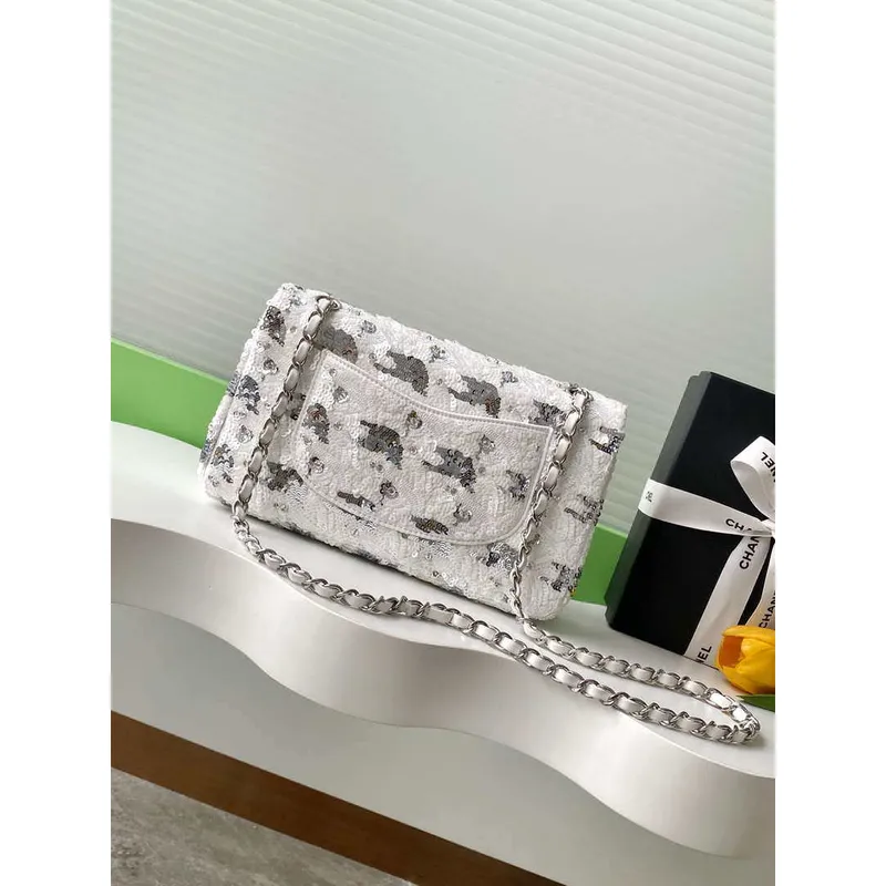Chanel A01112 Flap Classic 11.12 Kabelka Stříbrná a flitrové korálky