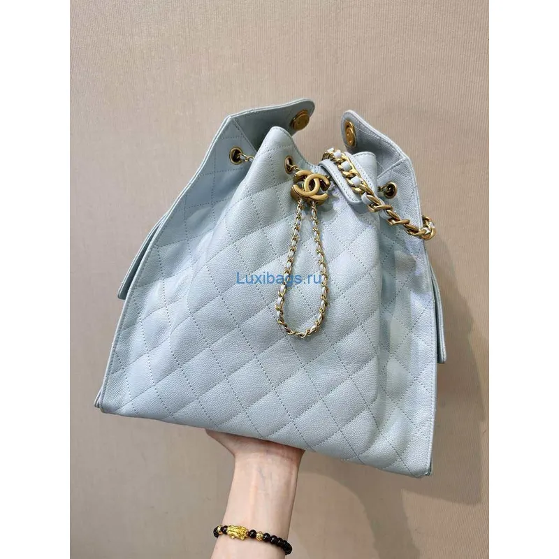 Chanel AS5311 Velká hobo lesklá telecí kůže & zlatý tón kovu modrá