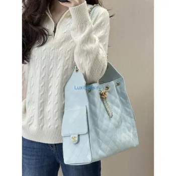 Chanel AS5311 Velká hobo lesklá telecí kůže & zlatý tón kovu modrá