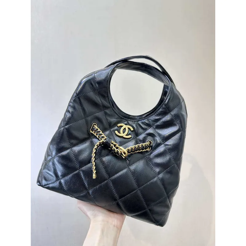 Chanel 25SS Hobo Bag Lesklá jehněčí kůže & zlatý tón kovu AS5411 Černá