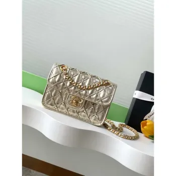 Chanel 25C Mini Flap Bag metalizovaná pletená telecí kůže & zlatý tón AS4797 zlatá