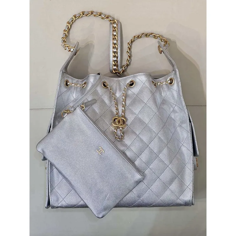 Chanel AS5311 Velká Hobo Lesklá Telecí Kůže & Zlato tónovaný Kov Stříbrný