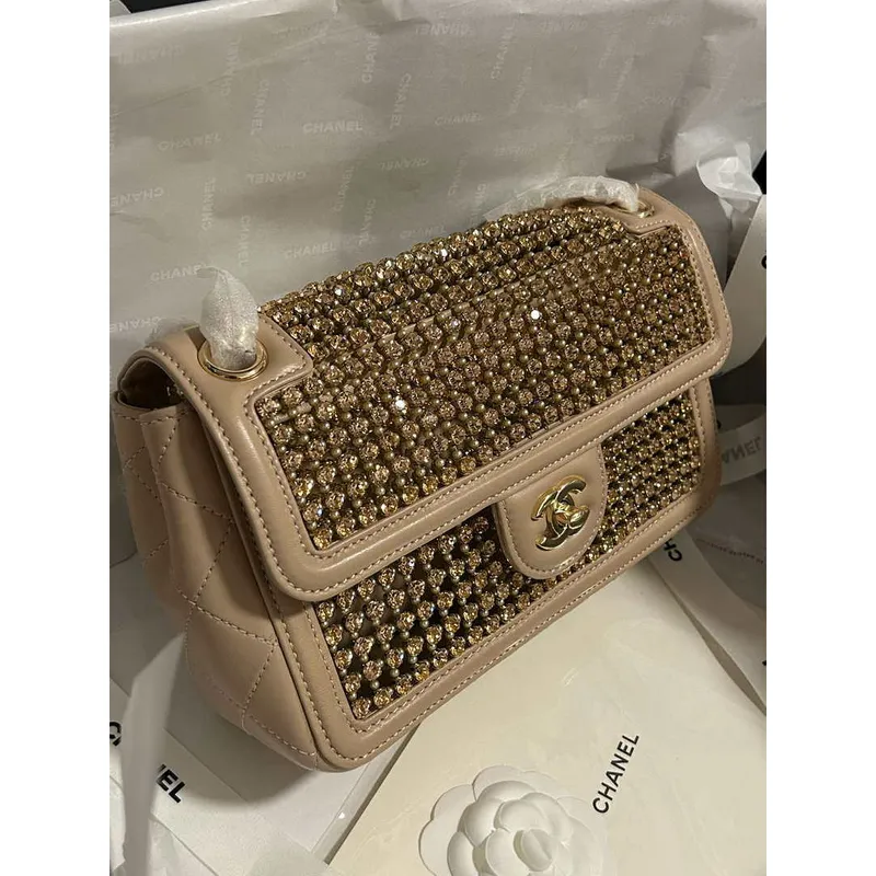 Chanel A8003 25p Večerní taška z jehněčí kůže s kamínky a perlami A01112 meruňková zlatá