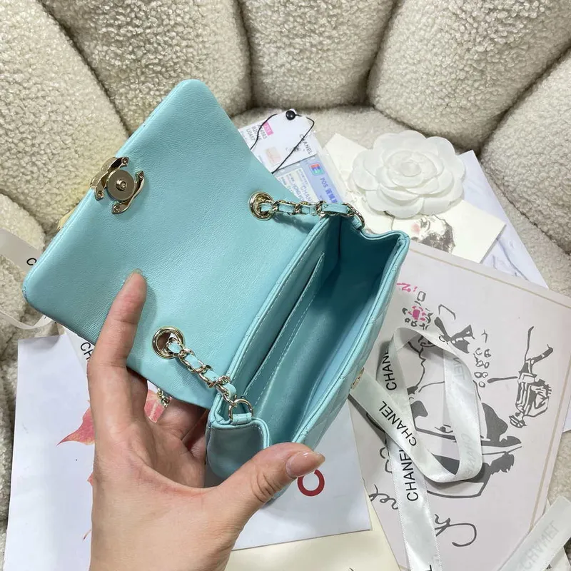 Chanel AP4593 25S Mini Flap jezero modrá jehněčí kůže se zlatem