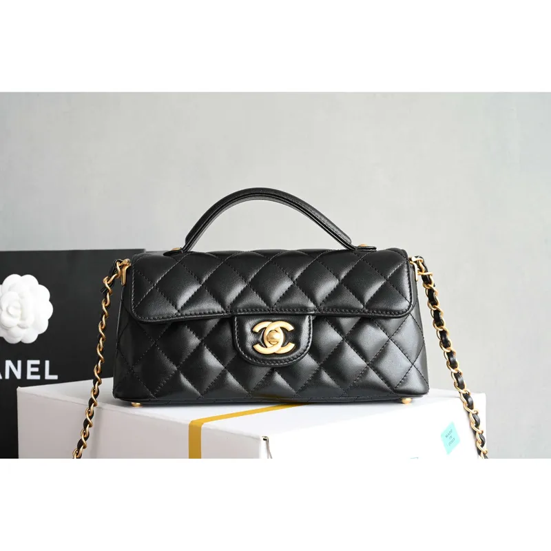 Chanel 25SS AS5354 Mini Flap Bag s horním držadlem z jehněčí kůže černá