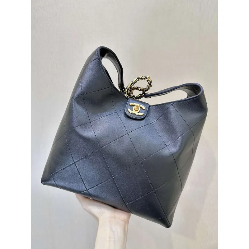 Chanel 25SS AS5425 Velká Hobo Kabelka Lesklá Jehněčí Kůže & Zlatý Kov Černá