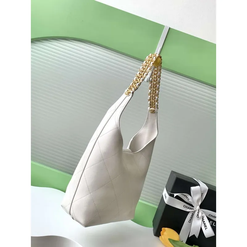Chanel 25SS AS5403 Hobo Kabelka Lesklá jehněčí kůže & zlatý tón kovu Bílá