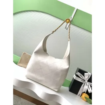 Chanel 25P AS5425 Velká Hobo Kabelka Lesklá Jehněčí Kůže & Zlacený Kov Bílá