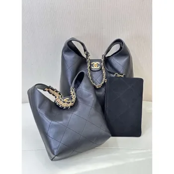 Chanel 25SS AS5403 Hobo kabelka lesklá jehněčí kůže & zlatý tón kovu černá