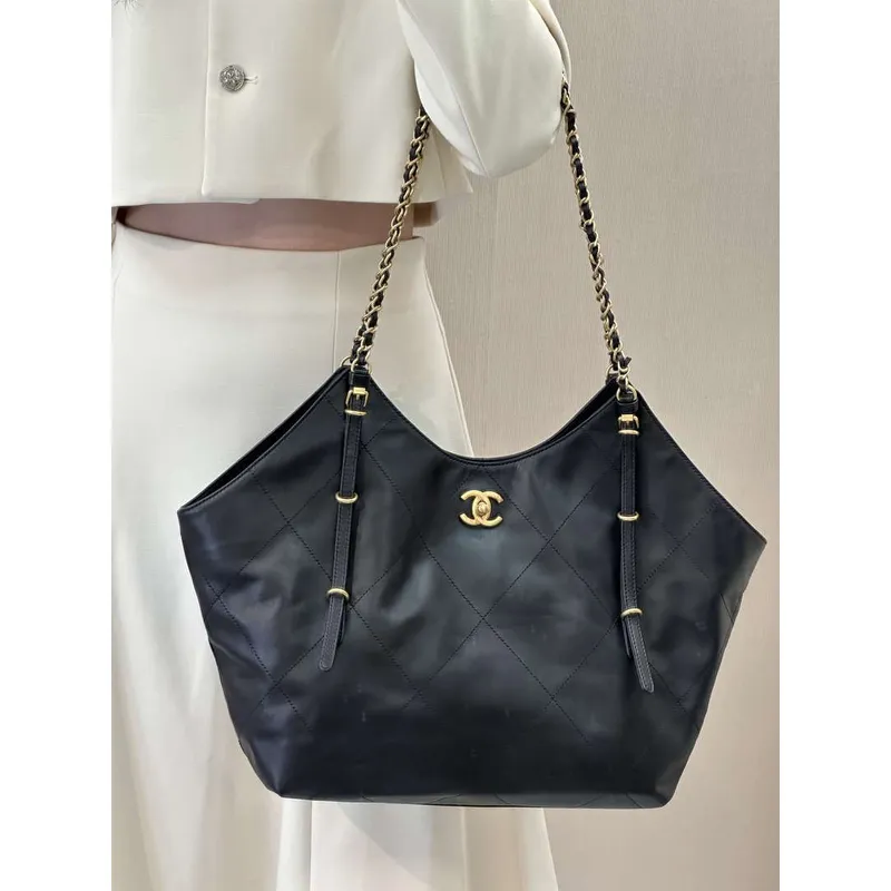 Chanel AS5466 25SS Velká nákupní taška  Telecí kůže & Zlatý tón kovu  Černá