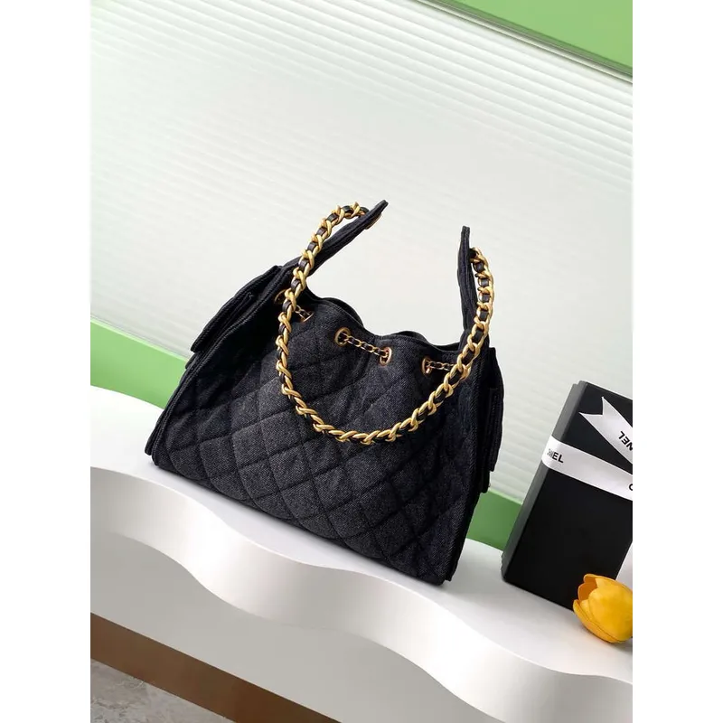 Chanel AS5293 Malá hobo taška plátno & zlatý tón kovu černá