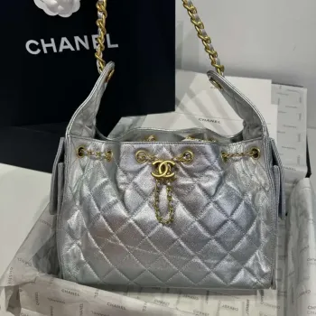 Chanel AS5293 Malá hobo z telecí kůže & zlatého tónu kovu stříbrná