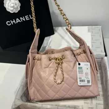 Chanel AS5293 Malá hobo kabelka z telecí kůže & zlatého tónu kovu růžová