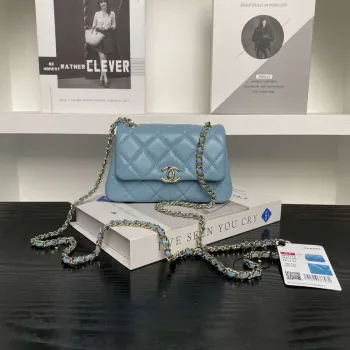 Chanel AP4593 25S Mini Flap jehněčí kůže modrá zlatá