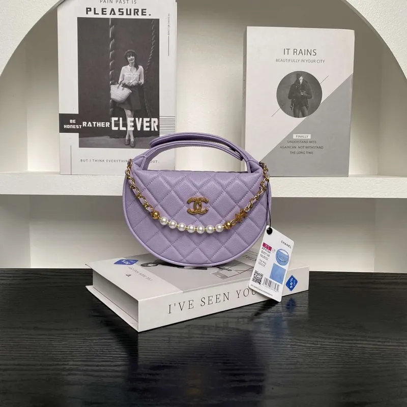 Chanel AP4584 25S Pouch Grained Purple Calfskin Imitation Pearl Gold