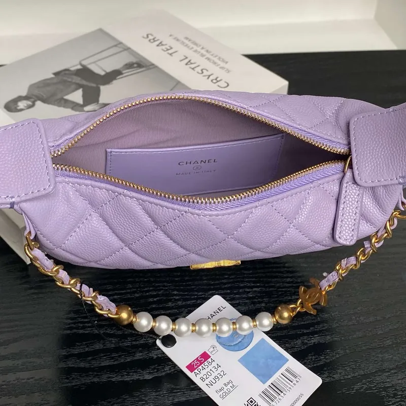 Chanel AP4584 25S Pouch Grained Purple Calfskin Imitation Pearl Gold