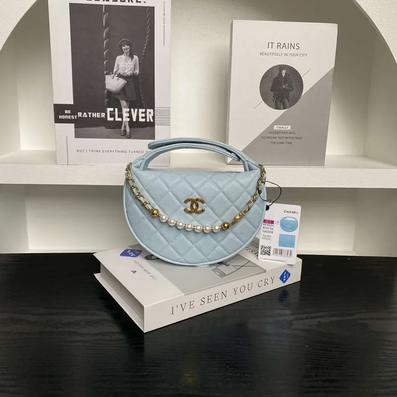 Chanel AP4584 25S Pouch Grained Blue Calfskin Imitation Pearl Gold