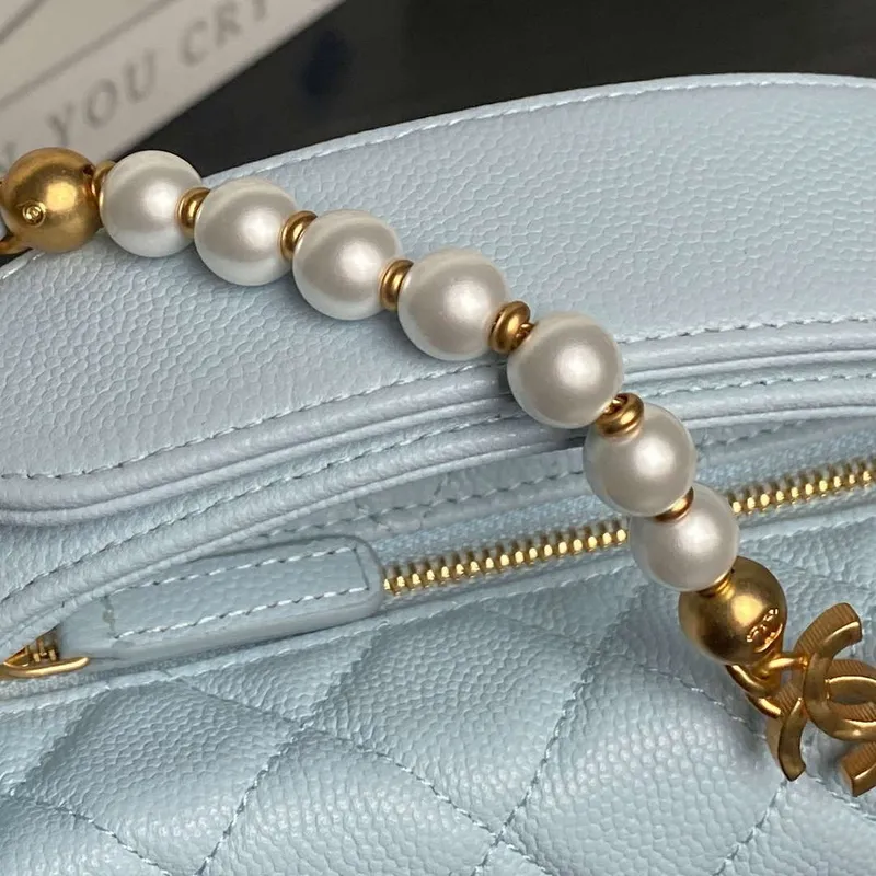 Chanel AP4584 25S Pouch Grained Blue Calfskin Imitation Pearl Gold