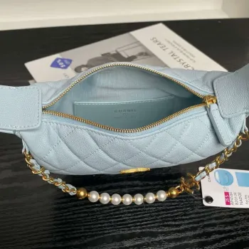 Chanel AP4584 25S Pouch Grained Blue Calfskin Imitation Pearl Gold