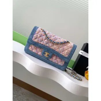 Chanel 25C A01112 Klopový kabelka Modrá a Růžová Tkanina Tisknutá