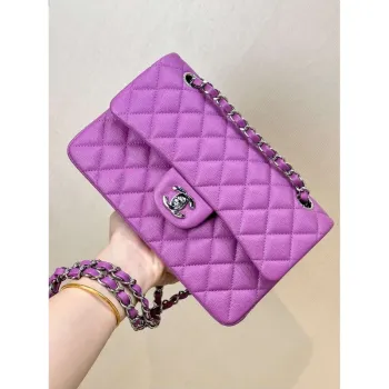 Chanel A01112 Klapková klasická kabelka 11.12 z telecí kůže stříbrné tónové kovové fialové