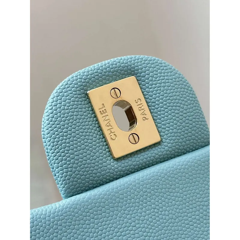 Chanel A01112 Klapková klasická kabelka 11.12 z telecí kůže zlatá nebesky modrá