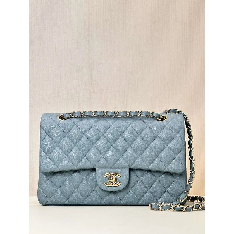 Chanel A01112 Klapková klasická kabelka 11.12 z telecí kůže & zlatého tónu kovu šedá modrá