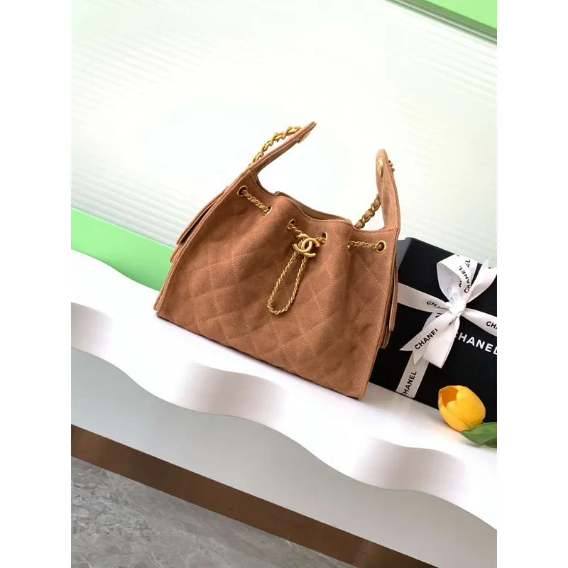 Chanel AS5293 Malá Hobo Suede & Zlatý tón kovu Zemitě žlutá