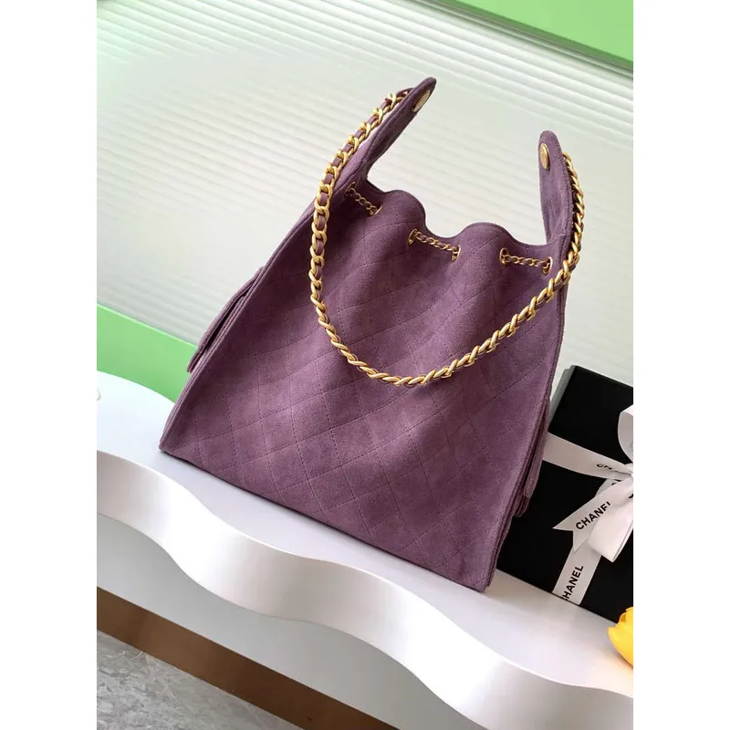 Chanel AS5311 Velká Hobo Suede & Zlatý tón kovu Fialová