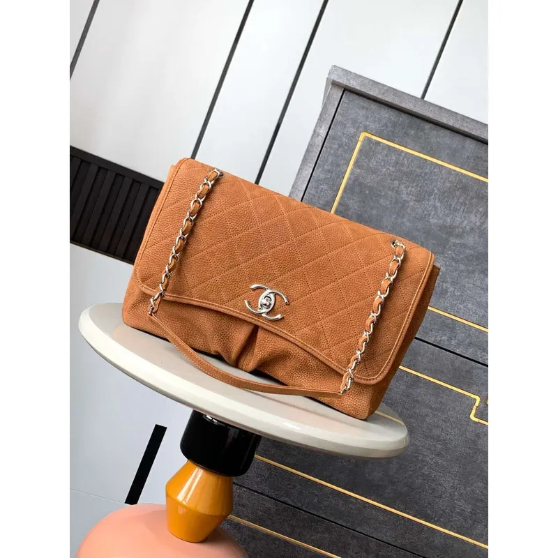 Chanel A90090 Klapková taška Vintage Zemitě žlutá semišová stříbrná