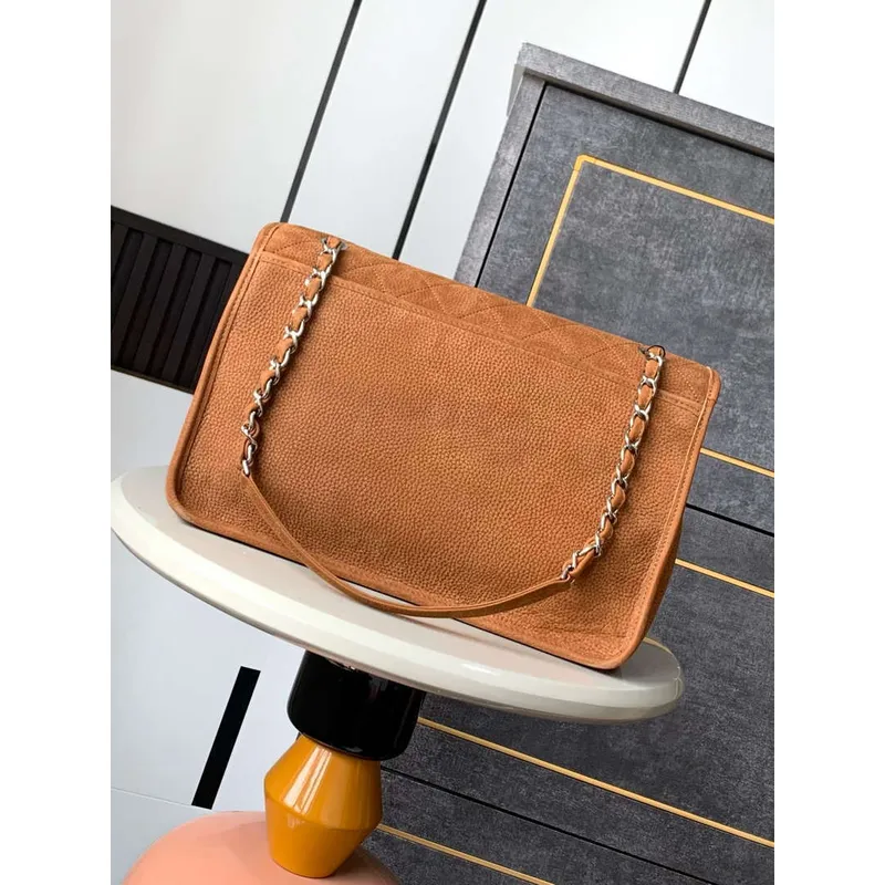 Chanel A90090 Klapková taška Vintage Zemitě žlutá semišová stříbrná