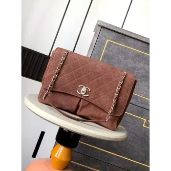 Chanel A90090 Klopová taška Vintage Kávová Suede Stříbrná