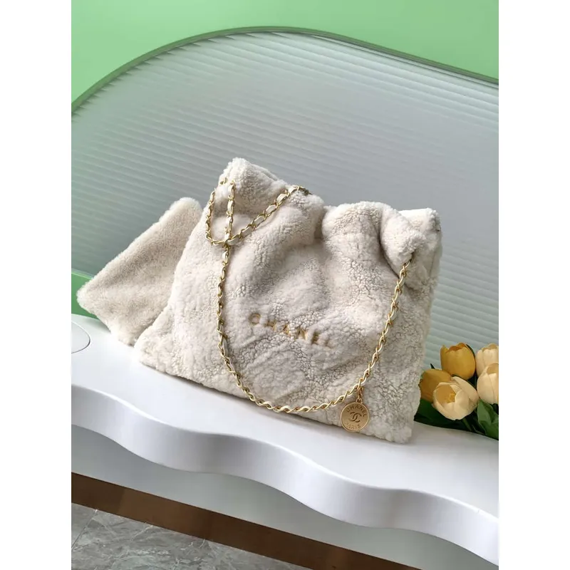 Chanel 22 Kabelka Ovčí vlna & Zlatý tón kovu AS3261 Béžová
