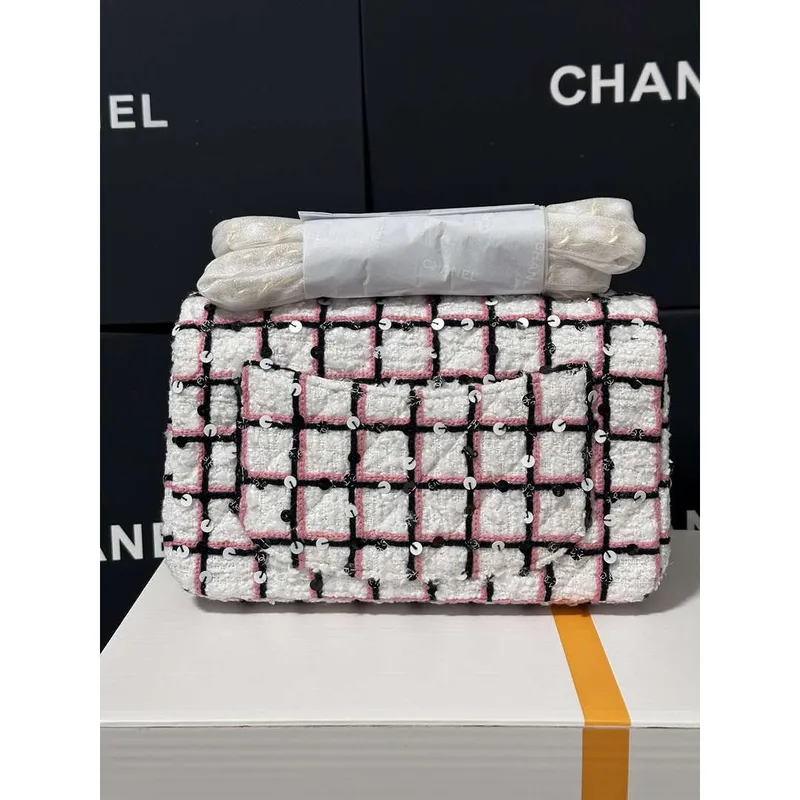 Chanel A69900 25C Mini Flap Tkanina Tisk AS1116 Růžová a bílá