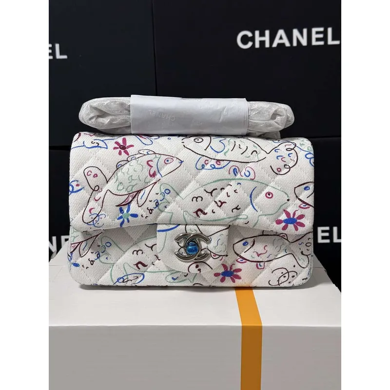 Chanel A69900 25C Mini Flap Tkanina Tištěná AS1116 Bílá