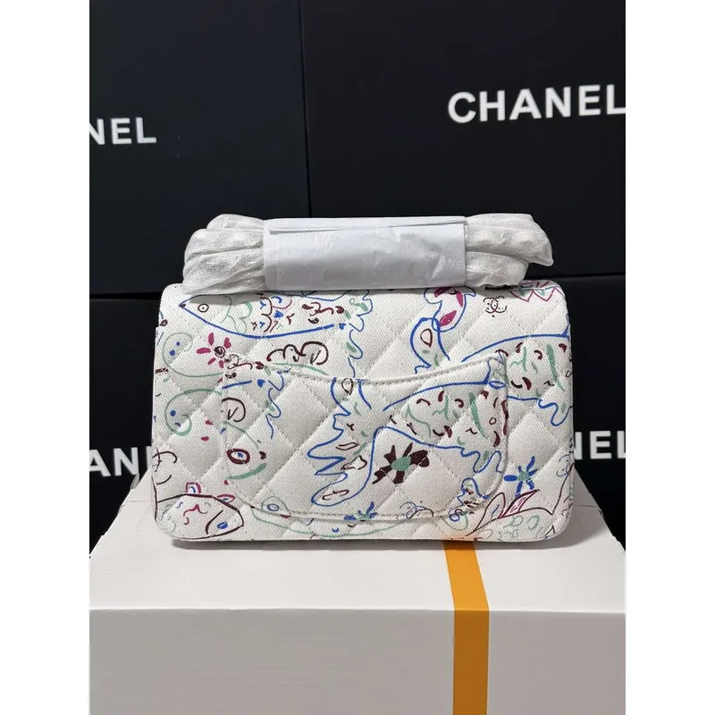 Chanel A69900 25C Mini Flap Tkanina Tištěná AS1116 Bílá