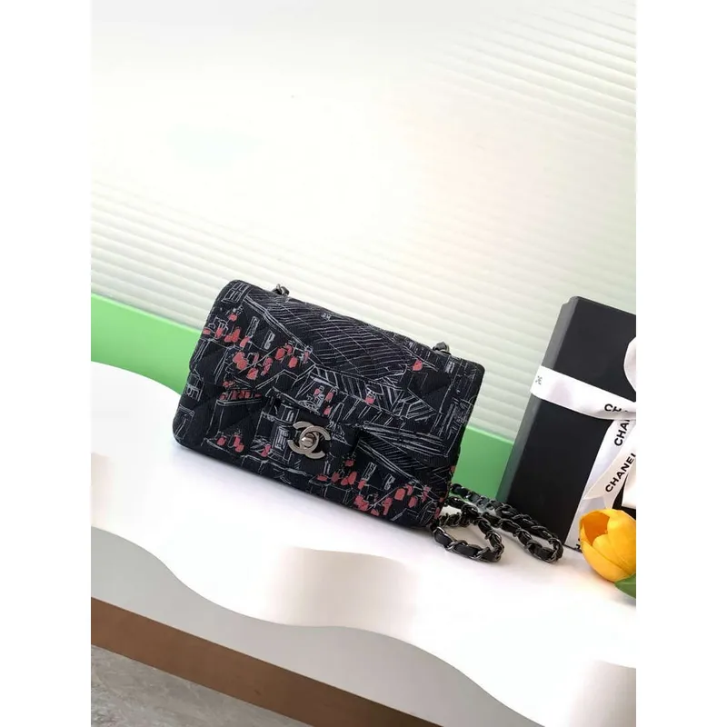 Chanel A69900 25c Mini Flap Černá Tkanina Tisknutá AS1116 Černá