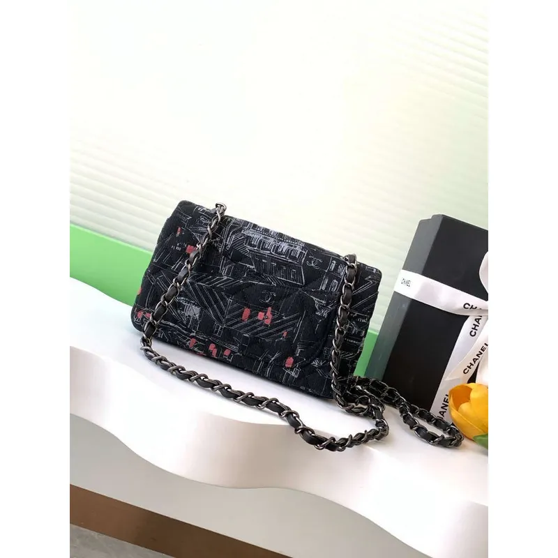 Chanel A69900 25c Mini Flap Černá Tkanina Tisknutá AS1116 Černá