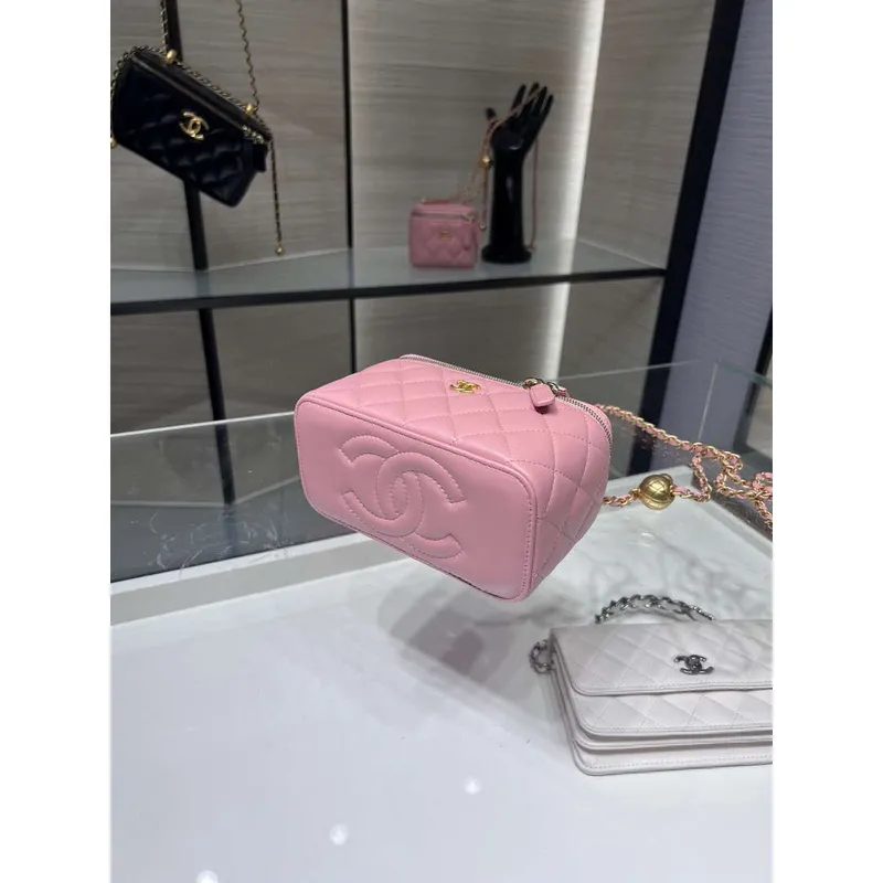 Chanel AP2303 Kabela s řetězem z jehněčí kůže zlaté koule Světle růžová