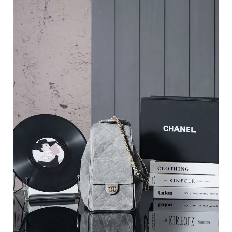 Chanel AS5311 Velká hobo z semiše & zlatého tónu kovu Sloní šedá
