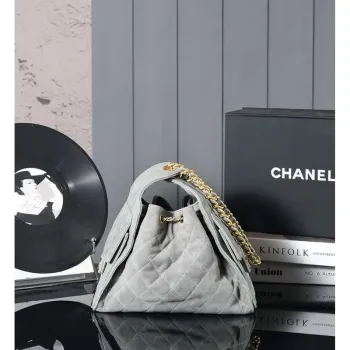 Chanel AS5293 Malá Hobo Suede & Zlatý tón kovu Sloní šedá