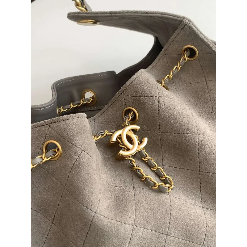 Chanel AS5293 Malá Hobo Suede & Zlatý tón kovu Hnědá